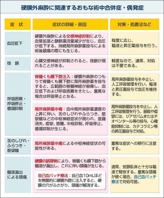 硬膜外麻酔に関連するおもな術中合併症・偶発症